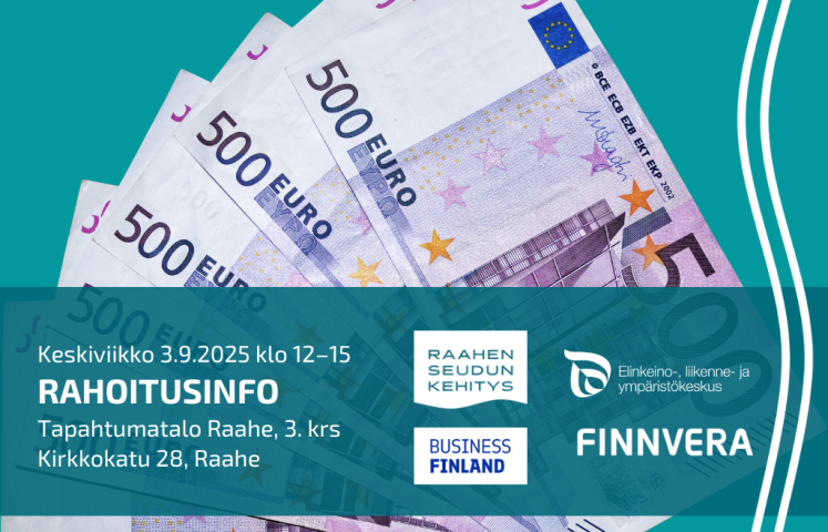 Tapahtuman tiedot, järjestäjien logot ja taustalla viidensadan euron seteleitä viuhkassa.
