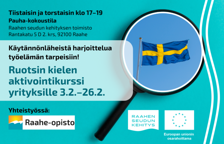 Kielikurssin tiedot, järjestäjien logot ja taustalla Ruotsin lippu suurennuslasissa.