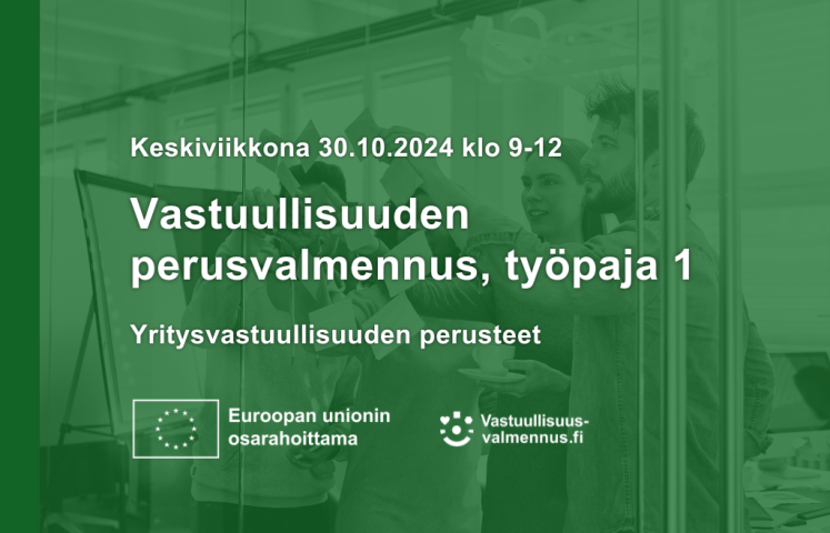 Työpajan tiedot ja vihreällä taustalla neljä henkilöä järjestämässä post-it -lappuja seinälle.