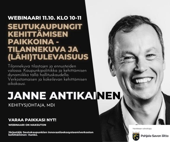 Mustavalkoinen kasvokuva puhujasta ja tapahtumatiedot.