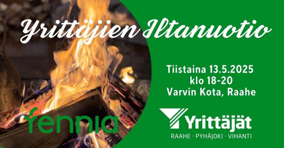 Kuva: Raahen Yrittäjät Tapahtuman tiedot ja nuotion kuva.