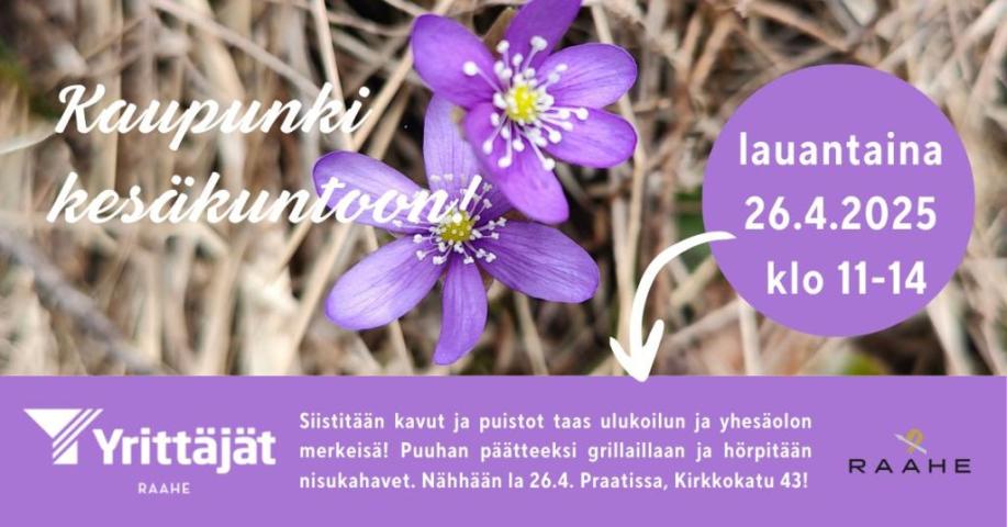 Tapahtuman tiedot ja taustalla sinivuokkoja.