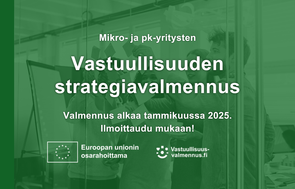 Vastuullisuuden strategiavalmennuksen tiedot vihreällä pohjalla.