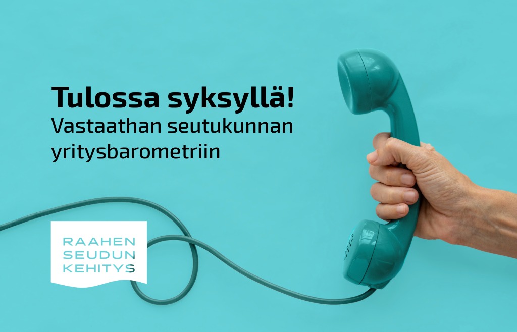 Teksti tulossa syksyllä, vastaathan seutukunnan yritysbarometriin. Sinisellä taustalla turkoosi puhelin henkilön kädessä.