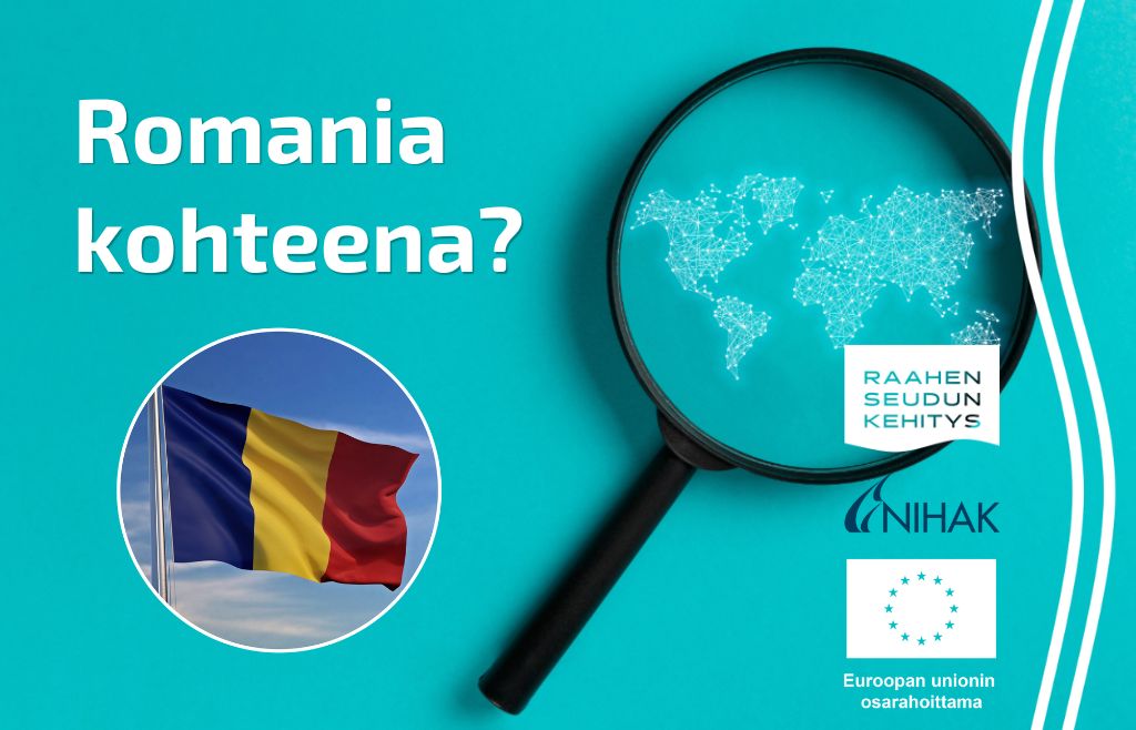 Teksti Romania kohteena ja Romanian lippu. Sinisellä taustalla suurennuslasi, jossa maailmankartta. 