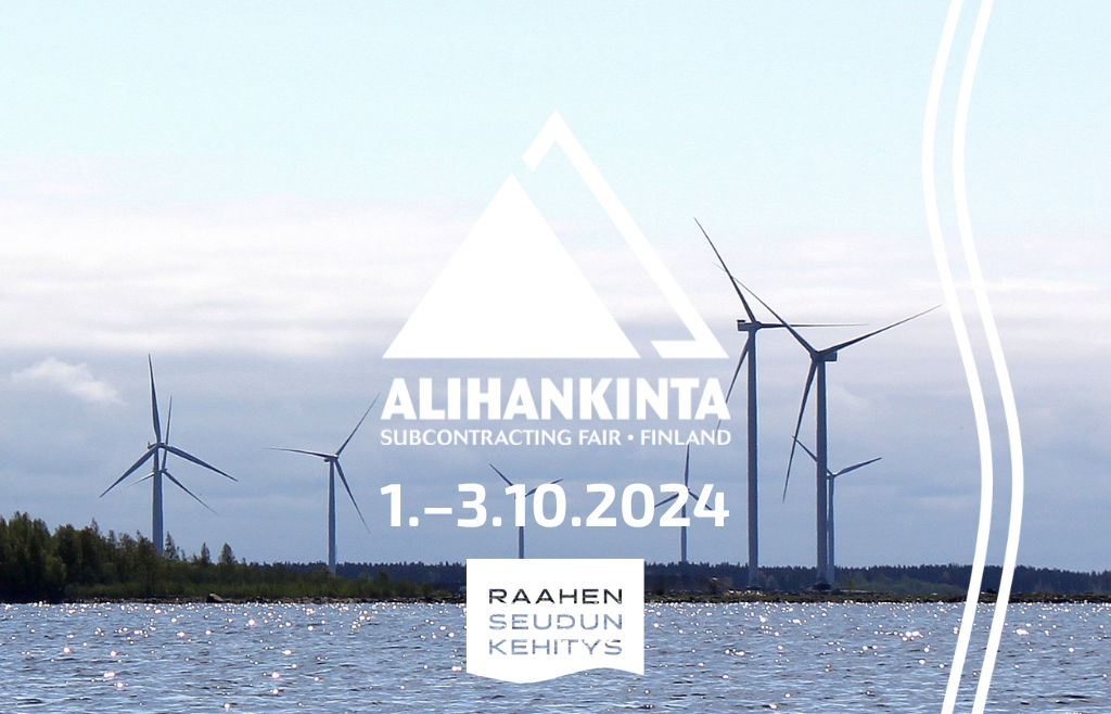 Alihankinta logo ja taustalla tuulimyllyjä merimaisemassa.