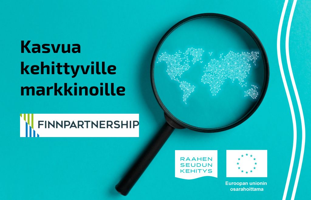 Teksti kasvua kehittyville markkinoille ja Finnpartnershipin logo. Taustalla suurennuslasin alla maailmankartta.