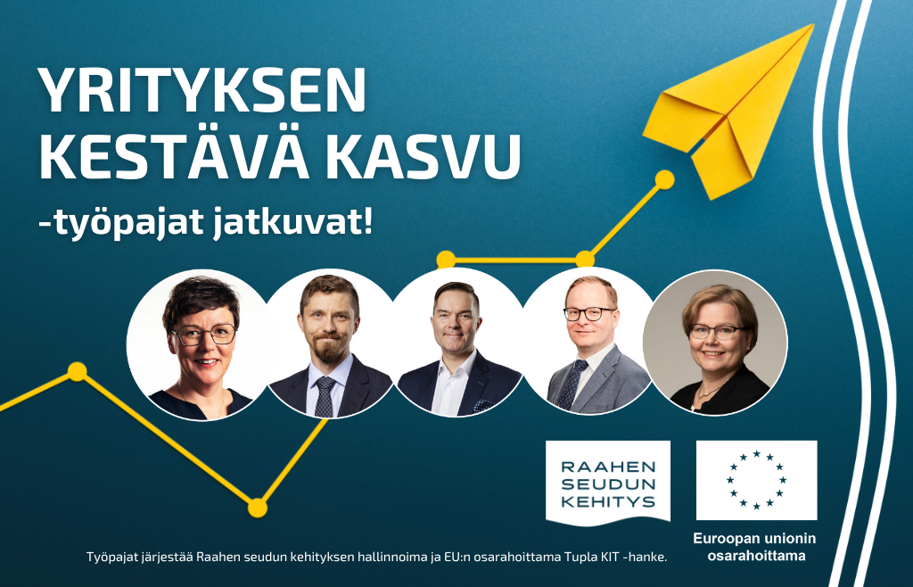 Teksti Yrityksen kestävä kasvu -työpajat jatkuvat sekä kouluttajien kasvokuvat.