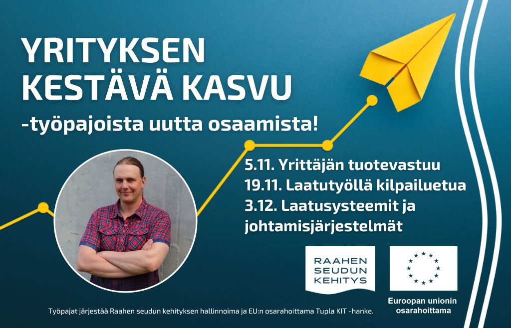 Kouluttajan kuva sekä työpajojen aikataulu ja nimet, sinisellä taustalla keltainen lennokki.