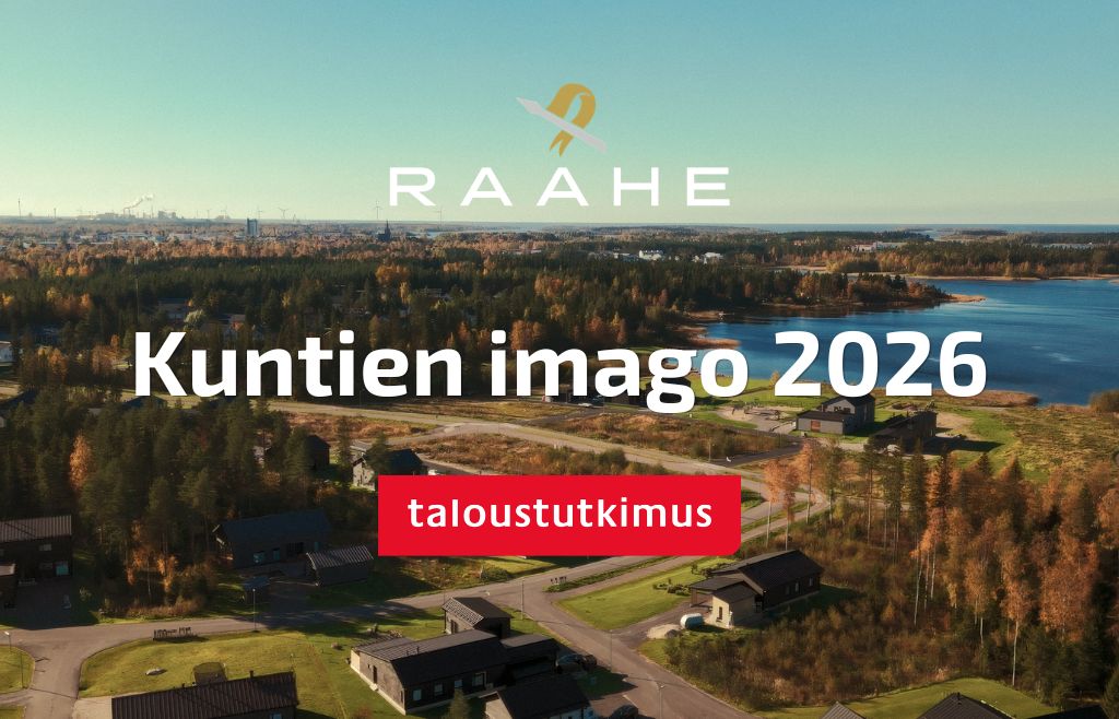 Raahen kaupungin ja Taloustutkimuksen logot. Otsikko kuntien imago 2026. Taustalla valokuva merellisestä asuinalueesta Raahessa.