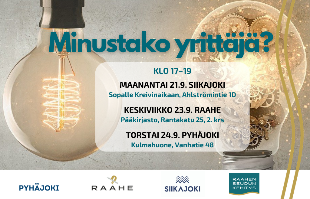 Syksyn 2026 Minustako yrittäjä -tilaisuuksien aikataulu ja seudun logot. Taustalla kaksi sytytettyä hehkulamppua.