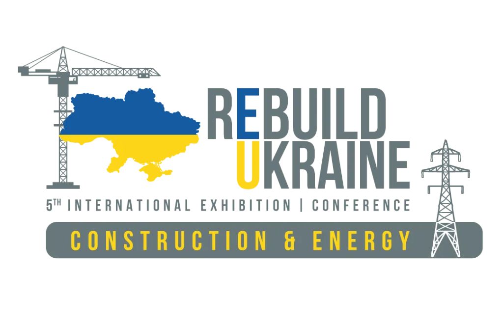 Rebuild Ukraine -messujen logo, jossa nostokurki, sähkömasto ja Ukrainan kartta.