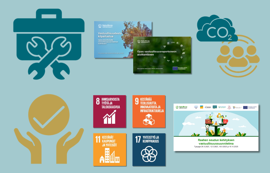 Vastuullisuussivun sisältöjä kuvaavat ikonit, oppaat ja kestävän kehityksen tavoitteet.