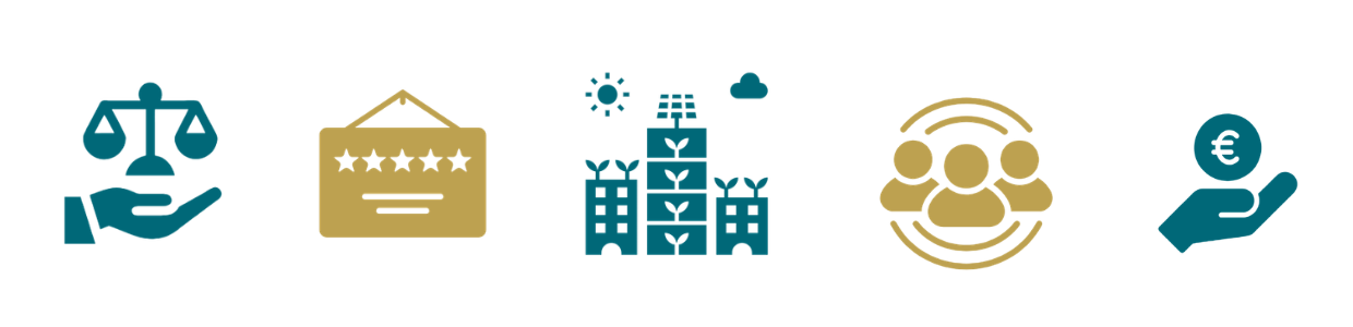 Ikonit: vaaka, diplomi, ekologiset rakennukset, yhteisö ja euro kämmenellä.